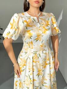 Firerie Plus Size Women Floral Print Puff Sleeve Short Sleeve Long Maxi Dress, Yellow Floral Pattern, Suitable For Beach, Date, Valentine's Day, Music Festival, Party, Wedding, Sexy, Elegant, Commute, Back To School, Vacation, Romantic Women Short Dresses Summer Women Summer Clothing Work Summer Dresses Woman S Summer Clothes Women Plus Sun Dress,Sun Dresses For Women,Sundress