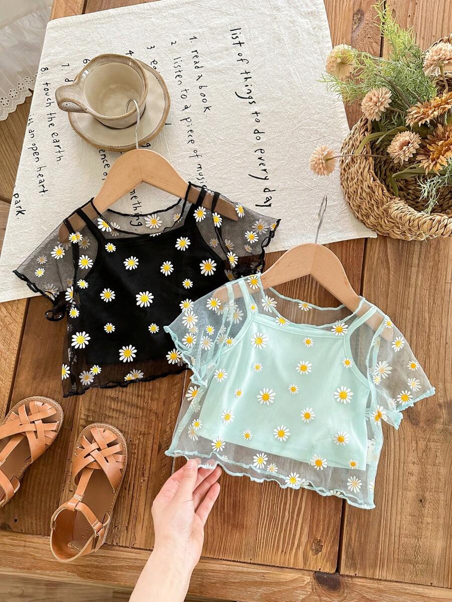 SHEIN LMoss Kids 4件套 Babygirl 可爱花朵网眼短袖上衣和吊带背心 - 彩色 - 查看 1