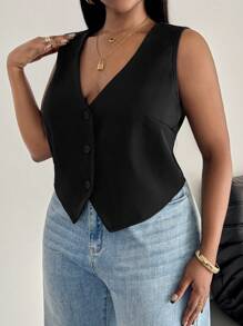 SHEIN PETITE CURVE 大码女式休闲纯色无袖上衣，夏季，商务休闲，适合情人节、夏季假期、派对、婚礼及活动、毕业典礼等场合，优雅休闲，黑色上衣 - 黑色 - 查看 4