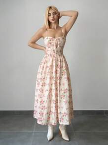 Sweetina Abito estivo da donna con fantasia floreale ditsy, spalline sottili, dettaglio di cucitura a lisca di pesce, senza maniche