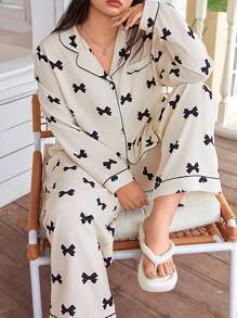 Dream Adore Conjunto de pijama de manga larga con cuello de solapa, lazo y franja de color contrastante en talla grande, ideal para vacaciones