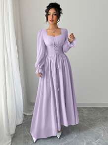 Modelyn 女士优雅法式时尚荷叶边袖高腰连衣裙 - 紫色 - 查看 3