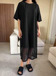 DAZY 休闲宽松家居服，女士拼接设计家居服，Moo Moo 睡衣 - 黑色 - 查看 4