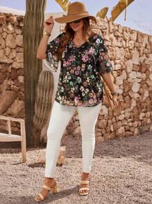 EMERY ROSE Plus Size Women Floral Print Ruffle Sleeve Loose Blouse Vacation Summer Tunic Top,Flower/Spring - Black - View 5