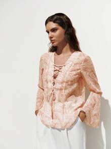 Lumivelle Women's Fashion Lace-Up Flare Sleeve Chiffon Printed Blouse