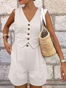 SHEIN Tall 2 chiếc áo ghi lê một nút màu trơn cho nữ và quần short bộ đồ thường ngày - Màu be - Xem 3