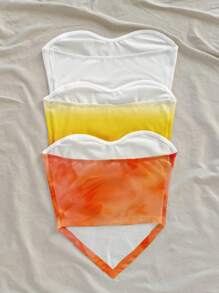 Soleia Casual Vacation Style Tie-Dye Tie Dye Lily Pattern, Orange & Yellow Tie Dye, White Solid Color, Asymmetrical Hem Bandeau Top, Vintage Retro Style, Casual Vacation Style, Sexy, Cute, Y2K, Coconut Girl, Boho, Vacation, Spring Break, Brunch-Ready, Baby Blue, Girls Trip, Neon Beach Vibes, Bohemian, Hippie, Music Festival, Suitable For Summer - Multicolor - View 2