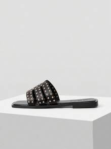 MOTF PREMIUM SQUARE TOE SLIP-ON RIVET FLAT SANDALS FOR CHRISTMAS SPRING SHOES - Black - View 3