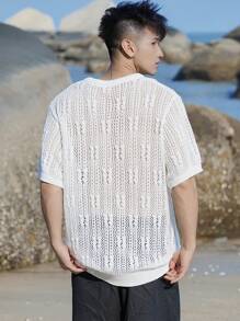DAZY 男士纯白色抽绳镂空钩针编织沙滩度假套头衫，夏季 - 白色 - 查看 2
