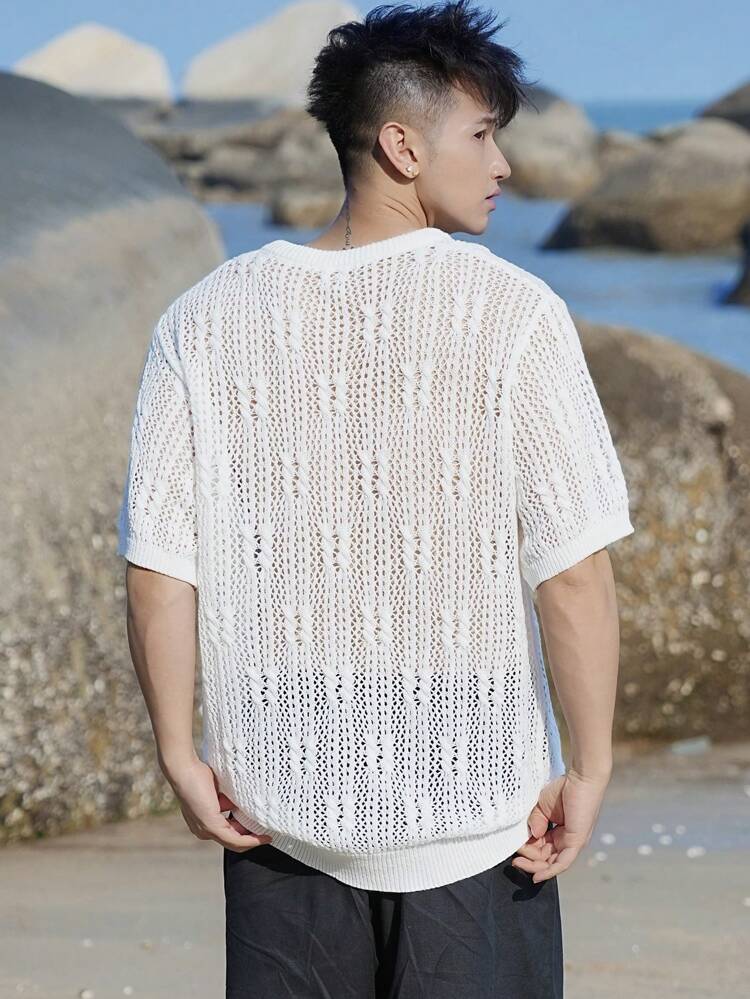 Men's Plain White Drawstring Hollow Crochet Knitted Beach Vacation Pullover, Summer