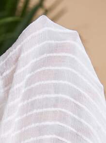 SHEIN Teen Girl Loose White Textured Striped Pattern Thin Sheer Casual Vacation Solid Color Lightweight Beach Sun Protection Cover Up, Thin Breezy Beach Holiday Top