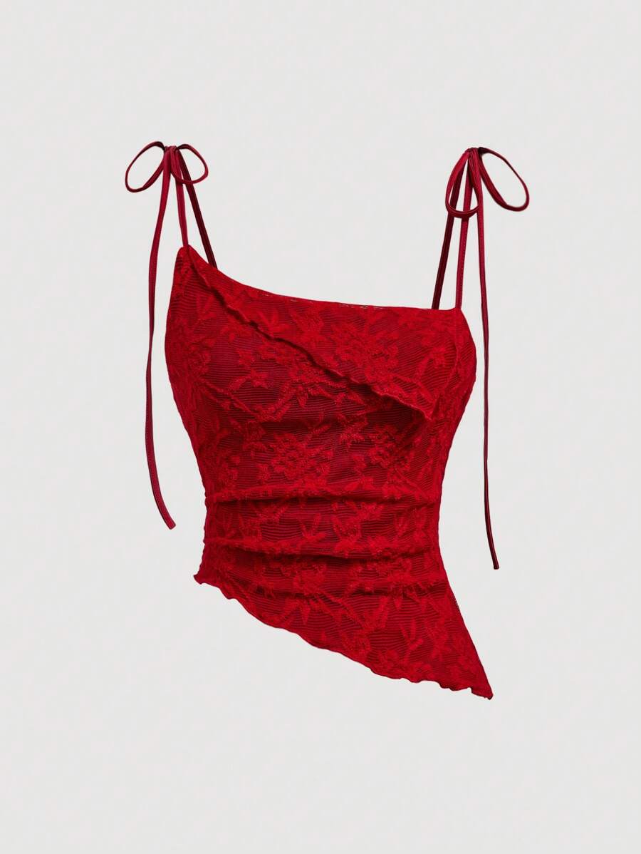 SHEIN MOD Áo hai dây thắt nơ viền bất đối xứng màu đỏ cho nữ - Đỏ - Xem 1