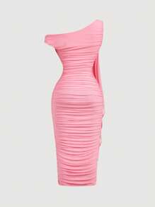 SHEIN MOD Women's Solid Color Asymmetrical Neck Ruched Patchwork Belted Midi Dress, Wedding Guest Dress - Pink - View 2