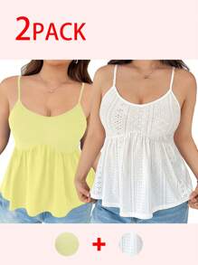 SHEIN EZwear Plus Size Women Yellow & White Floral Embroidered Camisole Tank Top - Yellow - View 8