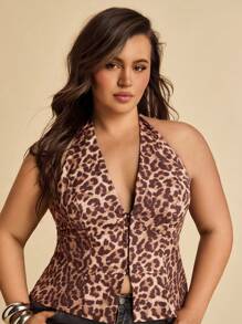 SHEIN BAE Regata de Estampa de Leopardo Vintage Marrom com Decote em V para Mulheres Plus Size, Ideal para Praia, Férias, Encontros, Saídas, Festivais de Música, Festivais de Música Country, Festas, Feriados, Concertos, Carnaval, Estilo Hippie, Traje Profissional - Multicolorido - Visão 8