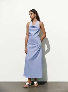 Lumivelle New Elegant Halter Backless Dress, Draped Neck Backless Long Dress, French Style Backless Party Dress, Vacation Beach Dress, Balinese Island Beautiful Outfit, Artistic Draped Neck Casual Backless Sundress