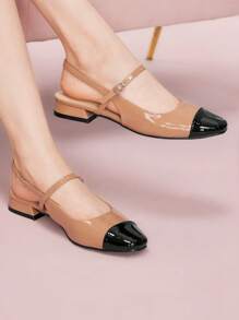 CUCCOO DOLLMOD 女士时尚棕色和黑色拼布玛丽珍平底方头鞋