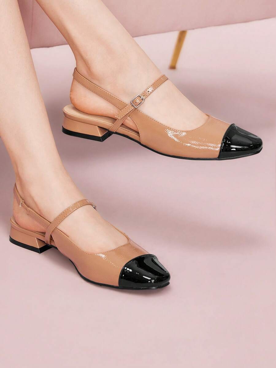 CUCCOO DOLLMOD 女士时尚棕色和黑色拼布玛丽珍平底方头鞋