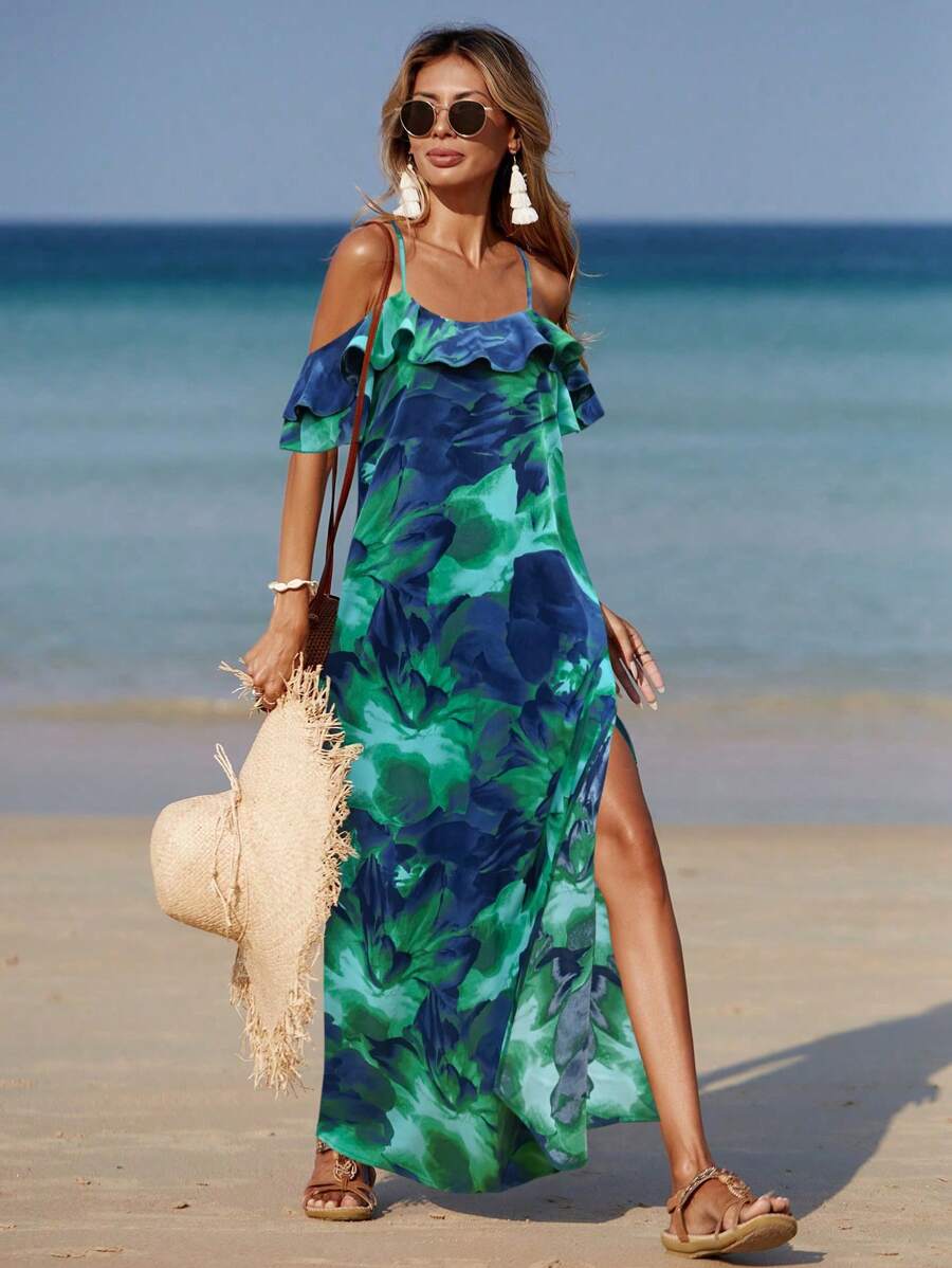 Breezaya Women Beach Allover Print High Slit Ruffle Trim Split Side Dress - Multicolor - View 1