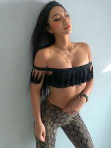 DAZY Women Solid Color Off Shoulder Fringe Crop Top Swimwear Y2k Club Vacation Beach - Black - View 6