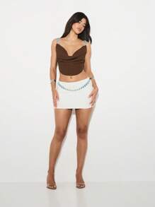 KIZN Textured Cowl Neck Crop Top Turquoise Jewel Detail Festival Club Resort Bohemian Western Draped Front Tank - Brown - View 6