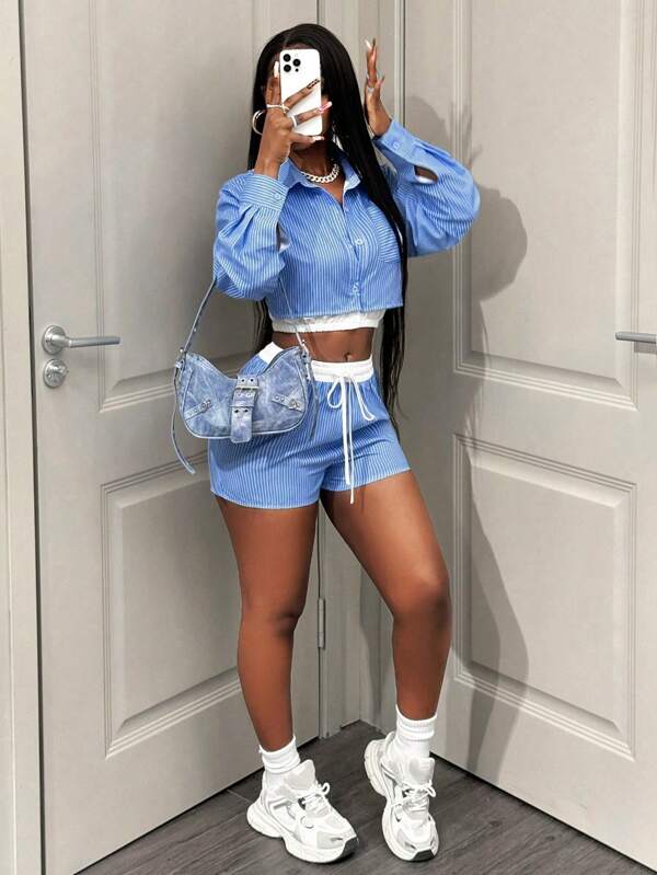 BamGleam Set 2 buc pentru femei, cu mâneci lungi, cu nasturi, pantaloni scurți, casual