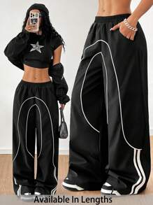 SHEIN PETITE CURVE 大码女童返校运动休闲梭织带黑色阔腿运动慢跑裤