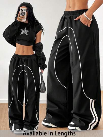 SHEIN PETITE CURVE Plus Size Girls Back To School Athleisure Woven Tape Black Wide Leg Sweatpants Joggers Valentine's Day Outfit