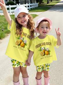 SHEIN Sparkle & Twirl Young Girl Lemon Pressed Flowers Short Sleeve Top And Shorts 2-Piece Set,Vintage Boho Botanical Pastel Floral Summer Casual Clothing - Multicolor - View 1