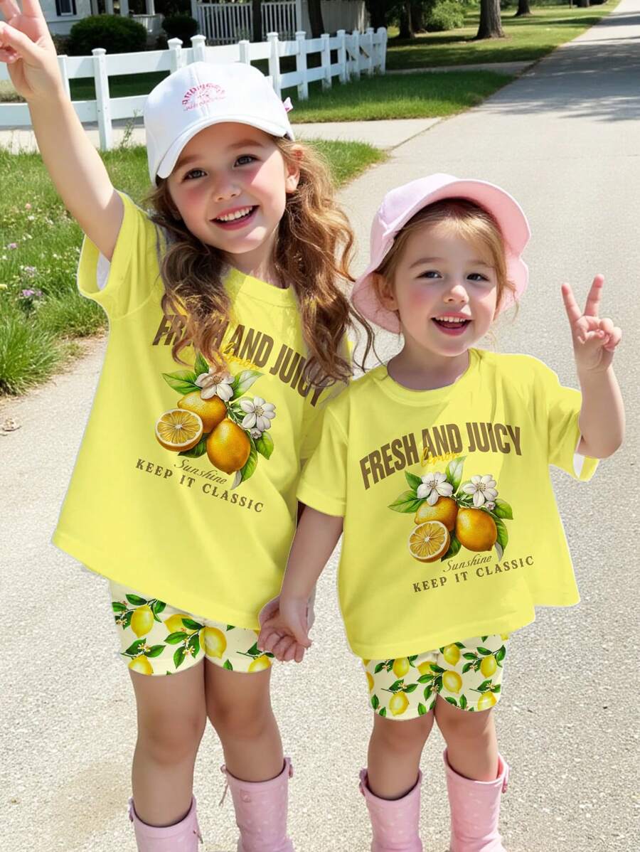 SHEIN Sparkle & Twirl Young Girl Lemon Pressed Flowers Short Sleeve Top And Shorts 2-Piece Set,Vintage Boho Botanical Pastel Floral Summer Casual Clothing - Multicolor - View 1