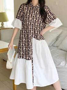 SHEIN Teen Girls Casual Solid Color Woven Flat Plain Contrast Patchwork Ruffle Trim Cute Flare Sleeve Fitted Midi Dress, Suitable For Daily Wear, Casual School, Back-To-School, Valentine's Day, Summer Outfit - Multicolor - View 3