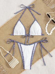 Swim Mod 2pcs Ditsy Floral Embroidery Knot Front Bikini Set, Fresh Ditsy Floral Pattern, Vacation Style, Summer