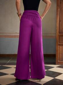 ZEYLAH Women's Belted Linen Wide Leg Pants, Summer Vacation - Purple - View 5