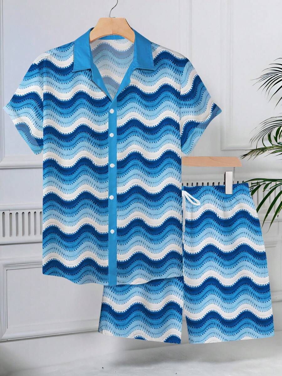 Manfinity RSRT Men's Contrast Color Knit Wave Pattern Open Front Short Sleeve Shirt And Shorts Set, Summer