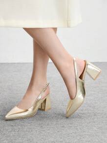 CUCCOO BIZCHIC Women's Fashion Gold Open Heel Pointed Toe Chunky Heel Pumps, Classic Minimalist For Commute, Date, Party, Holiday, Wedding For Christmas - Gold - View 1