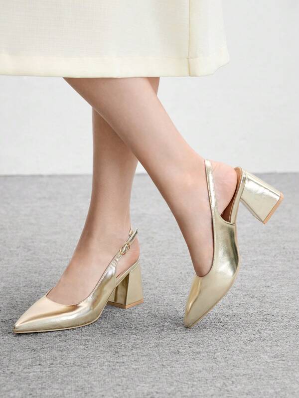 CUCCOO BIZCHIC 女士时尚金色露跟尖头粗跟浅口鞋，经典简约，适合通勤、约会、派对、度假、婚礼