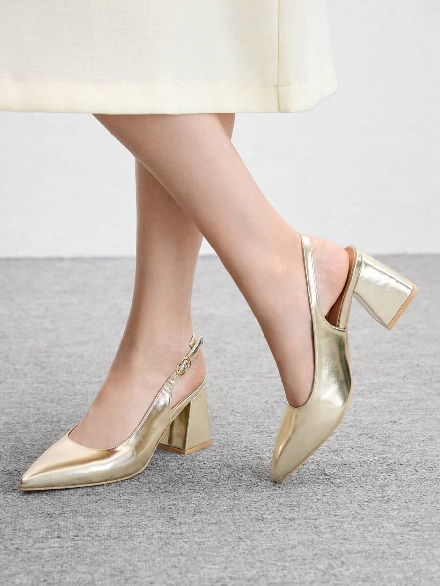 CUCCOO BIZCHIC Women's Fashion Gold Open Heel Pointed Toe Chunky Heel Pumps, Classic Minimalist For Commute, Date, Party, Holiday, Wedding For Christmas - Gold - View 1