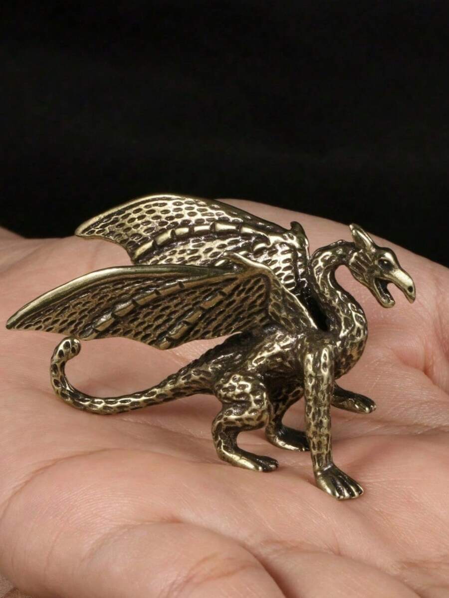 SHEIN 1 件复古黄铜凶猛龙雕像，古董神话西方龙桌面装饰摆件