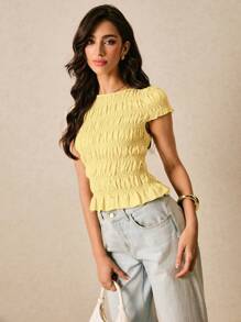 Poéselle 女式纯色圆领荷叶边下摆休闲短袖短款衬衫