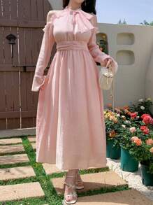 DAZY Rochie midi cu mânecă lungă pentru femei, de toamnă, cu model casual, cu talie înaltă, mânecă clopot, volane, guler nou, umăr deschis - Roz - Vizualizare 6