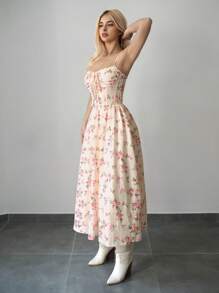 Sweetina Abito estivo da donna con fantasia floreale ditsy, spalline sottili, dettaglio di cucitura a lisca di pesce, senza maniche