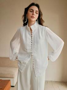 Anewsta 女士雪纺蕾丝拼布白色衬衫，新款优雅长袖衬衫，适合春季、节日、假日、度假、海滩、优雅 - 白色 - 查看 3