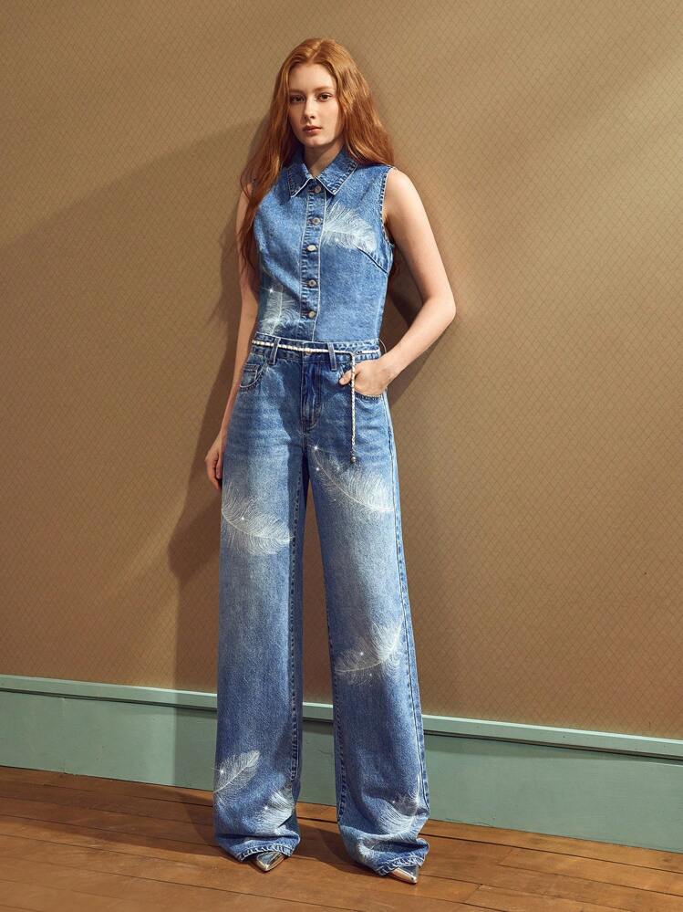 SHEIN Frenchy Chaleco de mujer de Body único de jean con pluma y diamantes de imitación - Azul - Añade 5