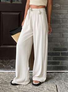 Livesso Women Rose Waist Belt Summer Casual Loose Draping Long Pants - White - View 3
