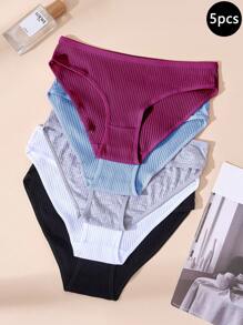 5pcs Teen Girl Minimalist Ribbed Seamless Comfy Briefs - Multicolor - View 1