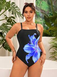 SHEIN Swim Curve 大码女式百合花卉印花可拆卸肩带连体泳衣，休闲度假风格，夏季 - 彩色 - 查看 6