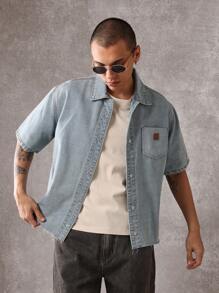 SUMWON Raw Edge Boxy Denim Shirt Oversized Button Down Short Sleeve Casual Summer Streetwear Classic Western Light Weight Spring Festival Outdoor Urban - Blue - View 1