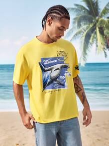 Shark Week X SHEIN 鲨鱼与字母图案圆领短袖 T 恤 - 黃色 - 查看 7