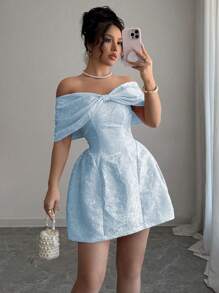 Rafferiza 女式可爱蝴蝶结露肩连衣裙，女式高腰修身提花面料连衣裙，粉色 - 藍色 - 查看 6