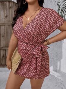 SHEIN Clasi Vestido de Férias Estampado Elegante de Decote em V Plus Size para Mulheres - Multicolorido - Visão 6